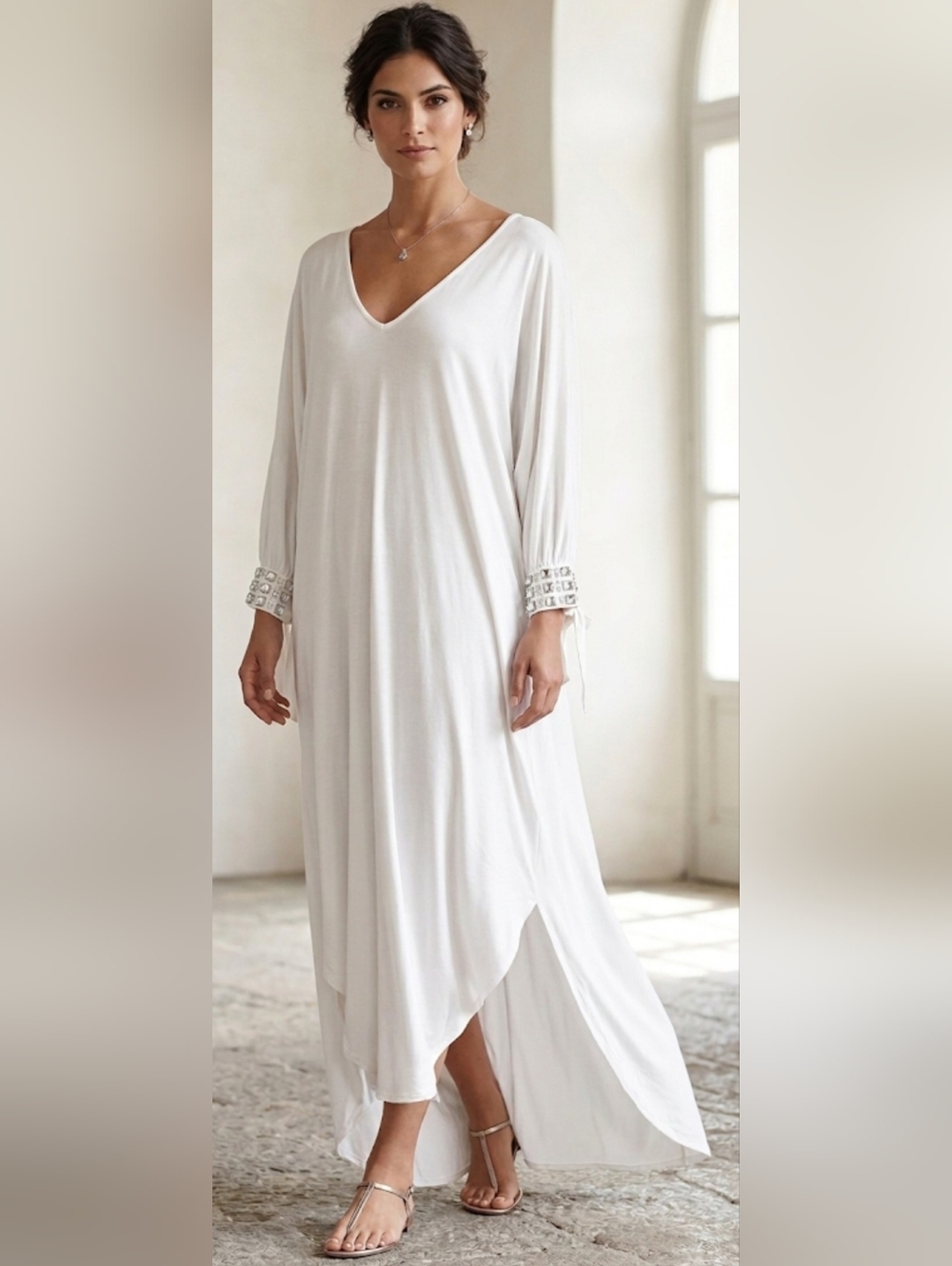 LA PERLA Italy Crystal Embellished Maxi Kaftan Dress White 42 (M)